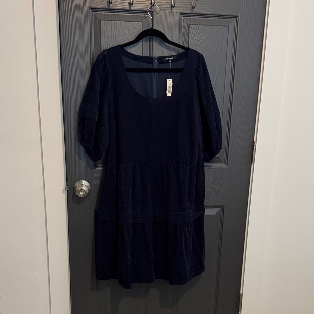 Madewell blue corduroy tiered mini dress